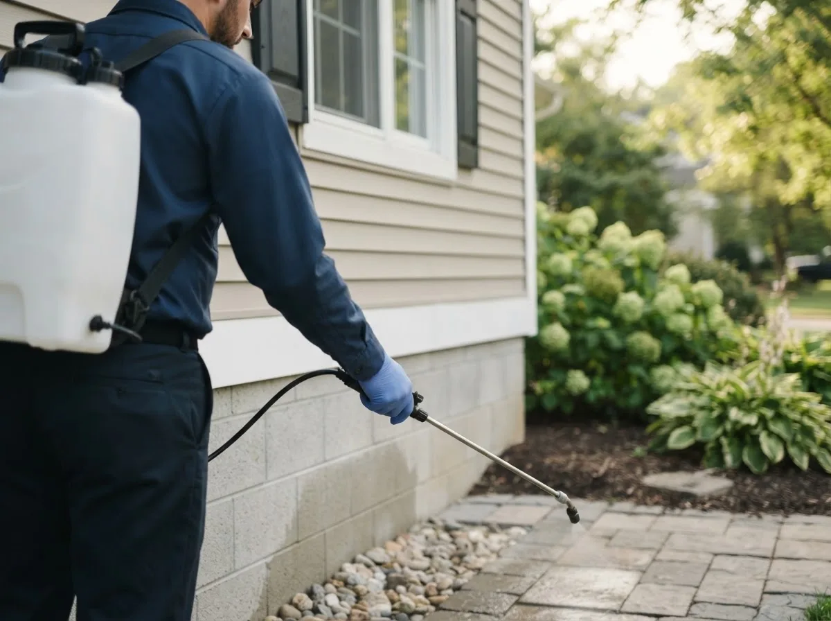 Pest control technician inspecting a home in Cobb, WI